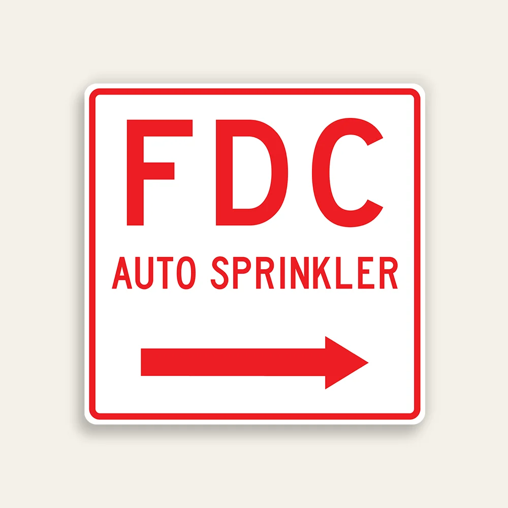 White and red 18x18 square Maxmetal sign with red border, large bold red FDC letters at top, AUTO SPRINKLER in smaller red text below, and full-width red right-pointing arrow at bottom.