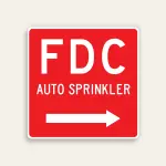 Full red 18x18 square Maxmetal sign with large bold white FDC letters at top, AUTO SPRINKLER in white text below, and full-width white right-pointing arrow at bottom, no border.