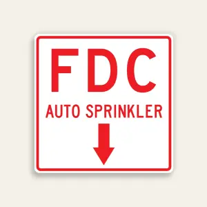 White and red 18x18 square Maxmetal sign with red border, large bold red FDC letters at top, AUTO SPRINKLER in smaller red text below, and centered red downward-pointing arrow in lower panel.