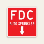 Full red 18x18 square Maxmetal sign with large bold white FDC letters at top, AUTO SPRINKLER in white text below, and centered white downward-pointing arrow in lower panel, no border.