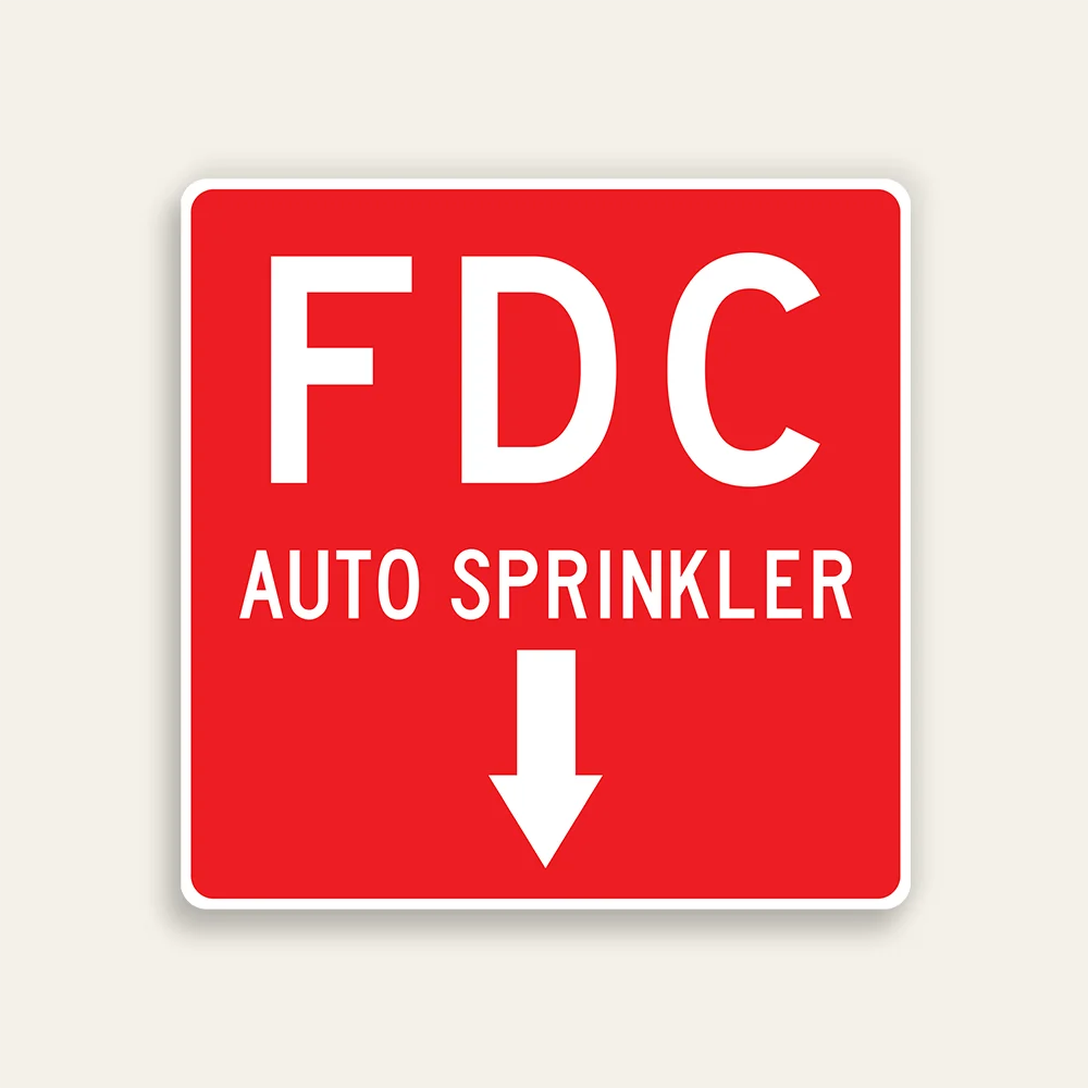 Full red 18x18 square Maxmetal sign with large bold white FDC letters at top, AUTO SPRINKLER in white text below, and centered white downward-pointing arrow in lower panel, no border.