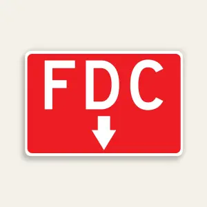 Full red 18x12 horizontal Maxmetal sign with large bold white FDC letters in upper half and centered white downward-pointing arrow in lower half on red panel, no border.
