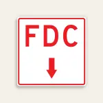 White and red 18x18 square Maxmetal sign with red border, large bold red FDC letters in upper half and centered red downward-pointing arrow in lower half on clean white background.