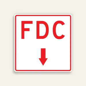 White and red 18x18 square Maxmetal sign with red border, large bold red FDC letters in upper half and centered red downward-pointing arrow in lower half on clean white background.