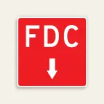 Full red 18x18 square Maxmetal sign with large bold white FDC letters in upper half and centered white downward-pointing arrow in lower half, no border, no additional text.