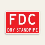 Full red 18x12 horizontal Maxmetal sign with large bold white FDC letters in upper zone and smaller white DRY STANDPIPE text in lower zone on red panel, no border.