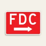 Full red 18x12 horizontal Maxmetal sign with large bold white FDC letters in upper half and full-width white right-pointing arrow in lower half on red panel, no border.