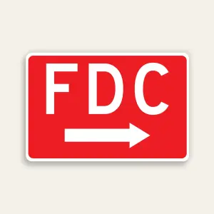 Full red 18x12 horizontal Maxmetal sign with large bold white FDC letters in upper half and full-width white right-pointing arrow in lower half on red panel, no border.