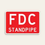 Full red 18x12 horizontal Maxmetal sign with large bold white FDC letters in upper zone and smaller white STANDPIPE text in lower zone on red panel, no border.