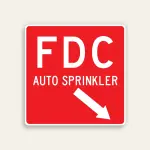Full red 18x18 square Maxmetal sign with large bold white FDC letters at top, AUTO SPRINKLER in white text below, and white diagonal down-right arrow in lower panel, no border.