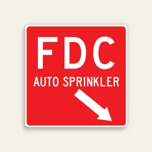 Full red 18x18 square Maxmetal sign with large bold white FDC letters at top, AUTO SPRINKLER in white text below, and white diagonal down-right arrow in lower panel, no border.