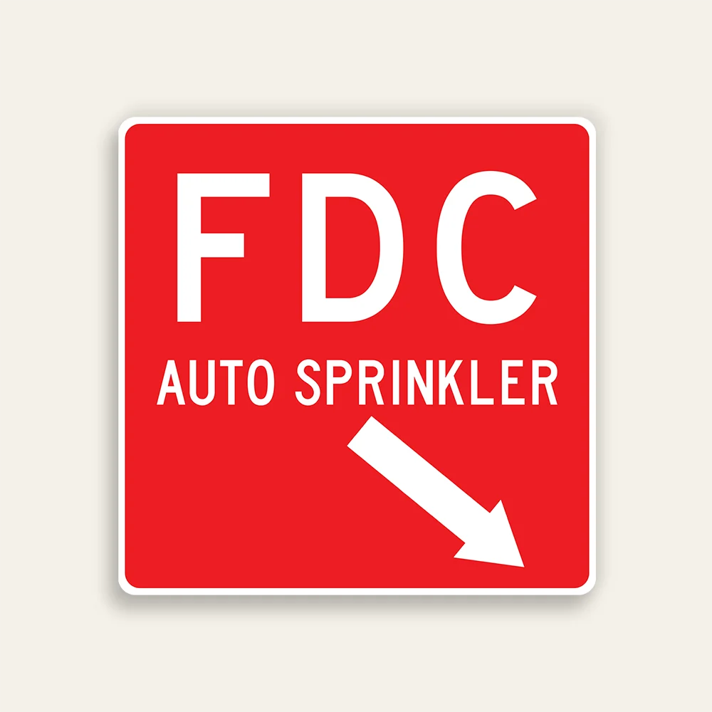 Full red 18x18 square Maxmetal sign with large bold white FDC letters at top, AUTO SPRINKLER in white text below, and white diagonal down-right arrow in lower panel, no border.