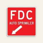 Full red 18x18 square Maxmetal sign with large bold white FDC letters at top, AUTO SPRINKLER in white text below, and white diagonal down-left arrow in lower panel, no border.