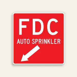 Full red 18x18 square Maxmetal sign with large bold white FDC letters at top, AUTO SPRINKLER in white text below, and white diagonal down-left arrow in lower panel, no border.
