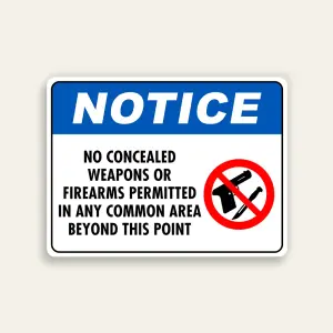 Notice No Concealed Weapons or Firearms Permitted in Any Common Area Beyond This Point sign blue ANSI header dual gun knife prohibition symbol bold black text white background horizontal Maxmetal panel Los Angeles