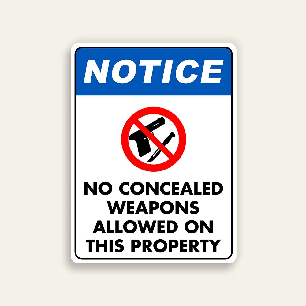 Notice No Concealed Weapons Allowed on This Property sign blue ANSI header large dual gun knife prohibition symbol bold black text white background vertical Maxmetal panel Los Angeles