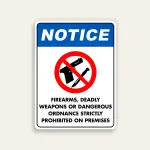 Notice Firearms Deadly Weapons or Dangerous Ordnance Strictly Prohibited on Premises sign blue ANSI header dual gun knife prohibition symbol bold black text white background vertical Maxmetal panel Los Angeles