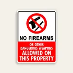 White and red 18x24 vertical Maxmetal sign with red circle-slash over gun and knife icons in white upper zone, bold black NO FIREARMS text below icon on white background, and Or Other Dangerous Weapons Allowed On This Property in white text on solid red lower panel.