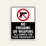 White and black 18x24 vertical Maxmetal sign with large red circle-slash over handgun silhouette in white upper panel and bold white text NO FIREARMS OR WEAPONS ALLOWED ON THIS PROPERTY on solid black lower panel.