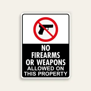 White and black 18x24 vertical Maxmetal sign with large red circle-slash over handgun silhouette in white upper panel and bold white text NO FIREARMS OR WEAPONS ALLOWED ON THIS PROPERTY on solid black lower panel.