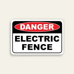 Horizontal white and black 18x12 Maxmetal sign with black upper panel featuring red oval DANGER badge in white text and large bold black ELECTRIC FENCE text on white lower panel.