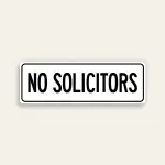 No Solicitors sign black text white background slim horizontal Maxmetal panel Los Angeles
