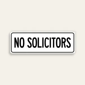 No Solicitors sign black text white background slim horizontal Maxmetal panel Los Angeles