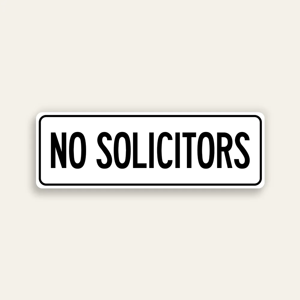 No Solicitors sign black text white background slim horizontal Maxmetal panel Los Angeles