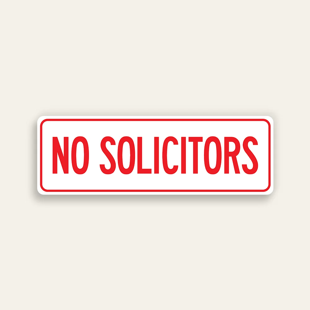 No Solicitors sign red text white background red border slim horizontal Maxmetal panel Los Angeles