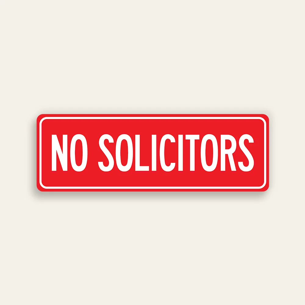 No Solicitors sign white text full red background double white border slim horizontal Maxmetal panel Los Angeles