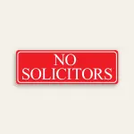 No Solicitors sign white serif font red background double white border two-line stacked slim horizontal Maxmetal panel Los Angeles