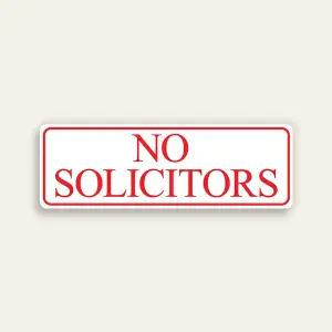 No Solicitors sign red serif font white background red border two-line stacked slim horizontal Maxmetal panel Los Angeles