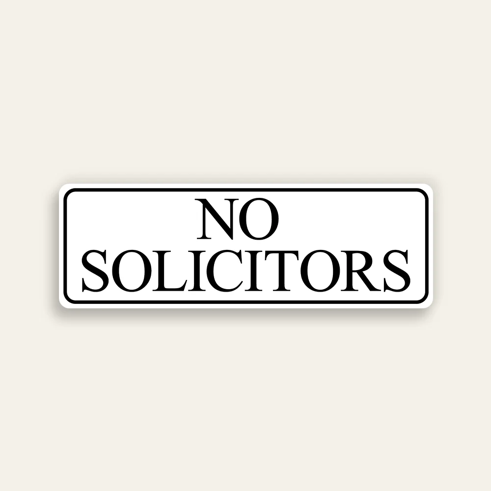 No Solicitors sign black serif font white background black border two-line stacked slim horizontal Maxmetal panel Los Angeles