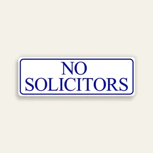 No Solicitors sign navy blue serif font white background navy border two-line stacked slim horizontal Maxmetal panel Los Angeles