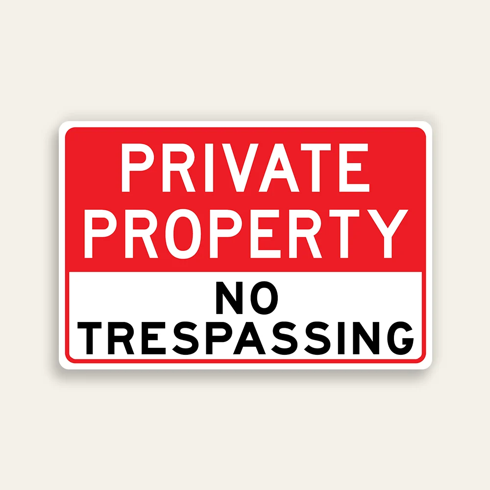 Private Property No Trespassing sign bold oversized red header black text on white horizontal Maxmetal panel Los Angeles