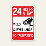 24 Hours a Day Video Surveillance No Trespassing sign with CCTV camera graphic bold red and white Maxmetal panel Los Angeles