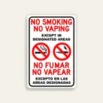 No Smoking No Vaping No Fumar No Vapear bilingual red black dual prohibition icons vertical Maxmetal panel Los Angeles