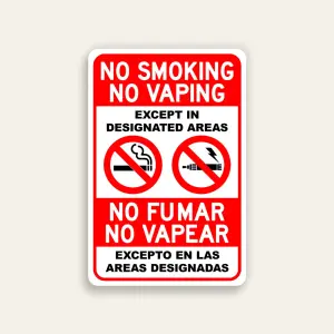No Smoking No Vaping No Fumar No Vapear bilingual full red field white inset panels dual prohibition icons vertical Maxmetal panel Los Angeles