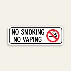 No Smoking No Vaping sign black text red prohibition symbol white background black border slim horizontal Maxmetal panel Los Angeles
