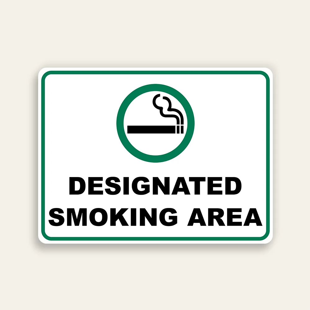 Designated Smoking Area sign green circle cigarette icon bold black text white background green border horizontal Maxmetal panel Los Angeles