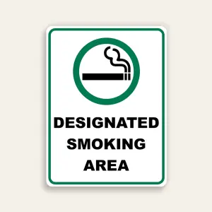Designated Smoking Area sign vertical green circle cigarette icon bold black text white background green border Maxmetal panel Los Angeles