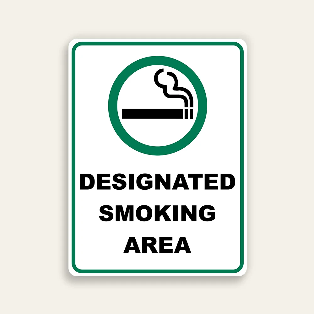 Designated Smoking Area sign vertical green circle cigarette icon bold black text white background green border Maxmetal panel Los Angeles