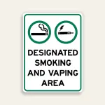 Designated Smoking and Vaping Area sign vertical dual green circle icons four-line bold black text white background green border Maxmetal panel Los Angeles