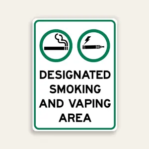 Designated Smoking and Vaping Area sign vertical dual green circle icons four-line bold black text white background green border Maxmetal panel Los Angeles