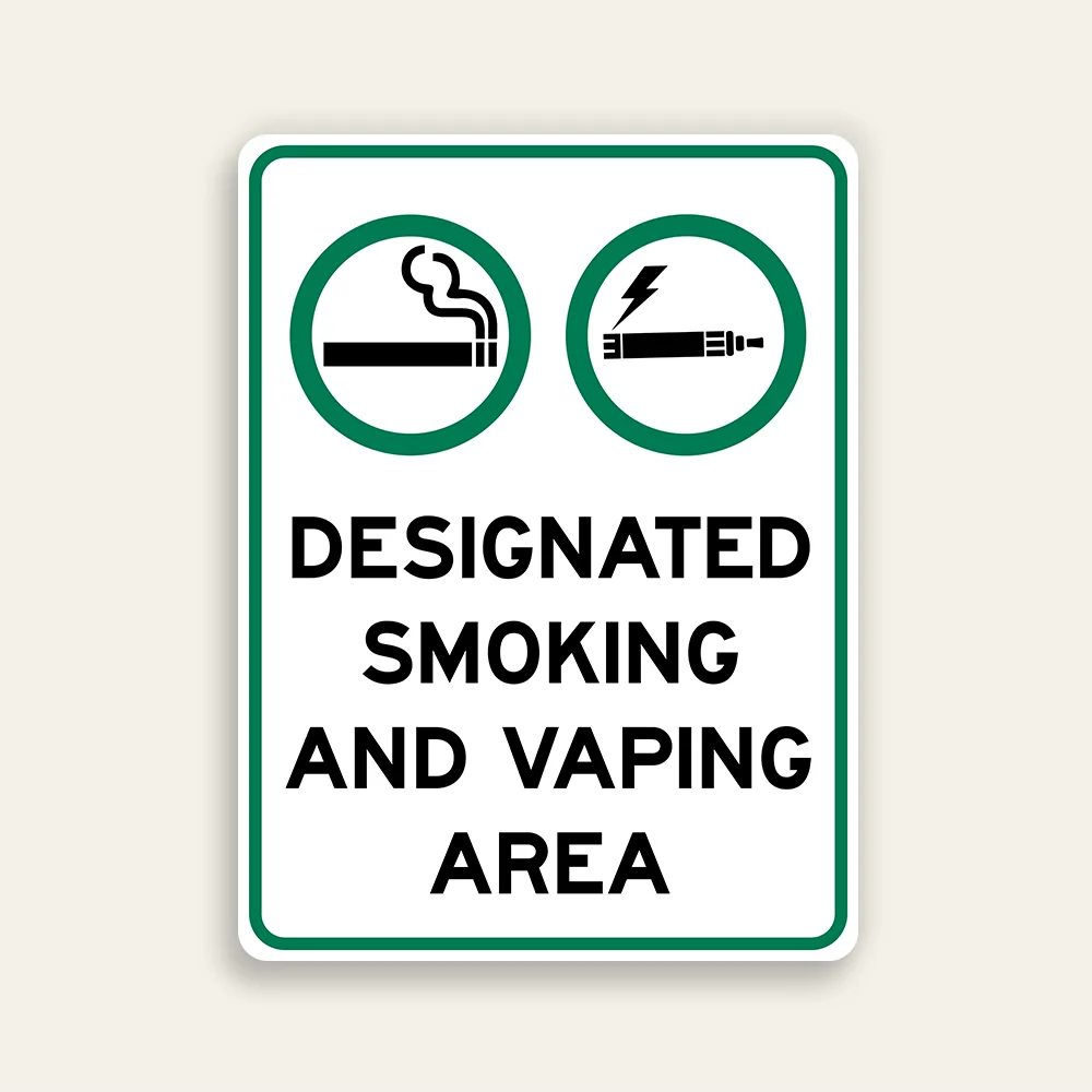 Designated Smoking and Vaping Area sign vertical dual green circle icons four-line bold black text white background green border Maxmetal panel Los Angeles