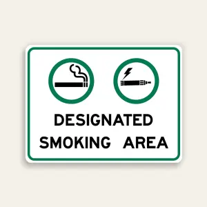 Designated Smoking and Vaping Area sign dual green circle cigarette vaping icons bold black text white background green border horizontal Maxmetal panel Los Angeles