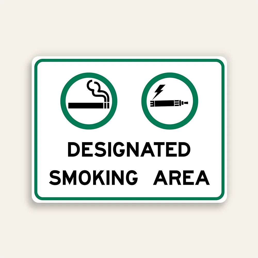 Designated Smoking and Vaping Area sign dual green circle cigarette vaping icons bold black text white background green border horizontal Maxmetal panel Los Angeles