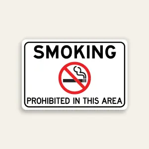 Smoking Prohibited in This Area sign bold black subject text central red prohibition symbol white background black border horizontal Maxmetal panel Los Angeles