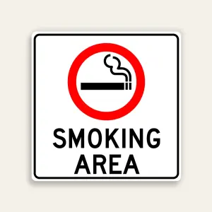 Smoking Area sign large red circle cigarette icon bold black text white background black border square Maxmetal panel Los Angeles