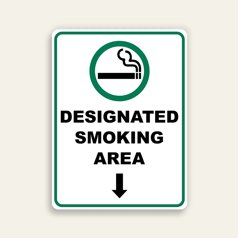 Designated Smoking Area sign vertical green circle cigarette icon bold black text downward arrow white background green border Maxmetal panel Los Angeles